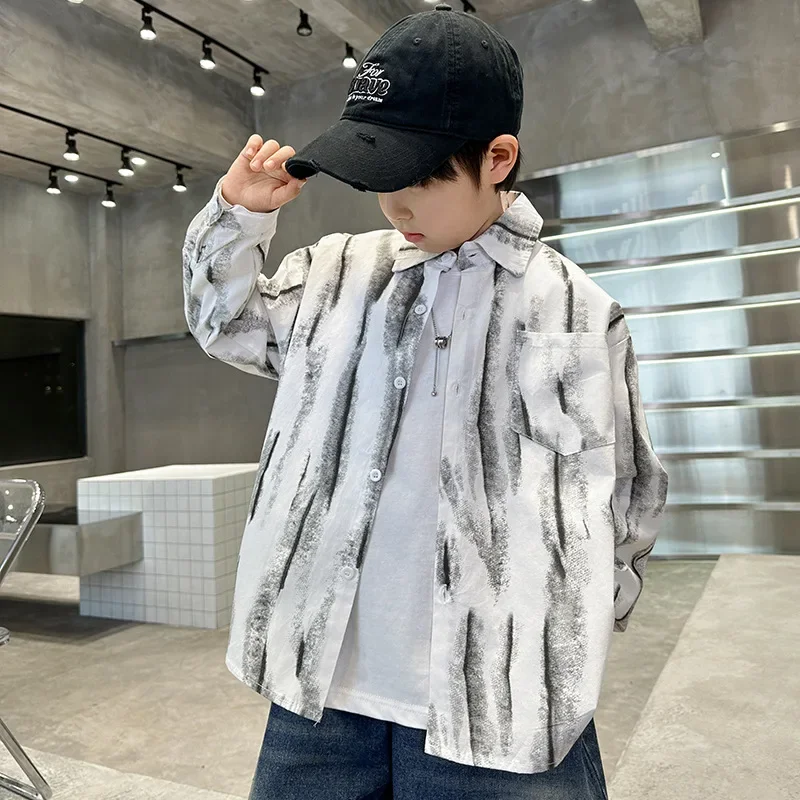 Spring Autumn Stripe Boys Shirt Long Sleeve Thin Outerwear for Middle Large Children Boy Top Quality Kids Clothing