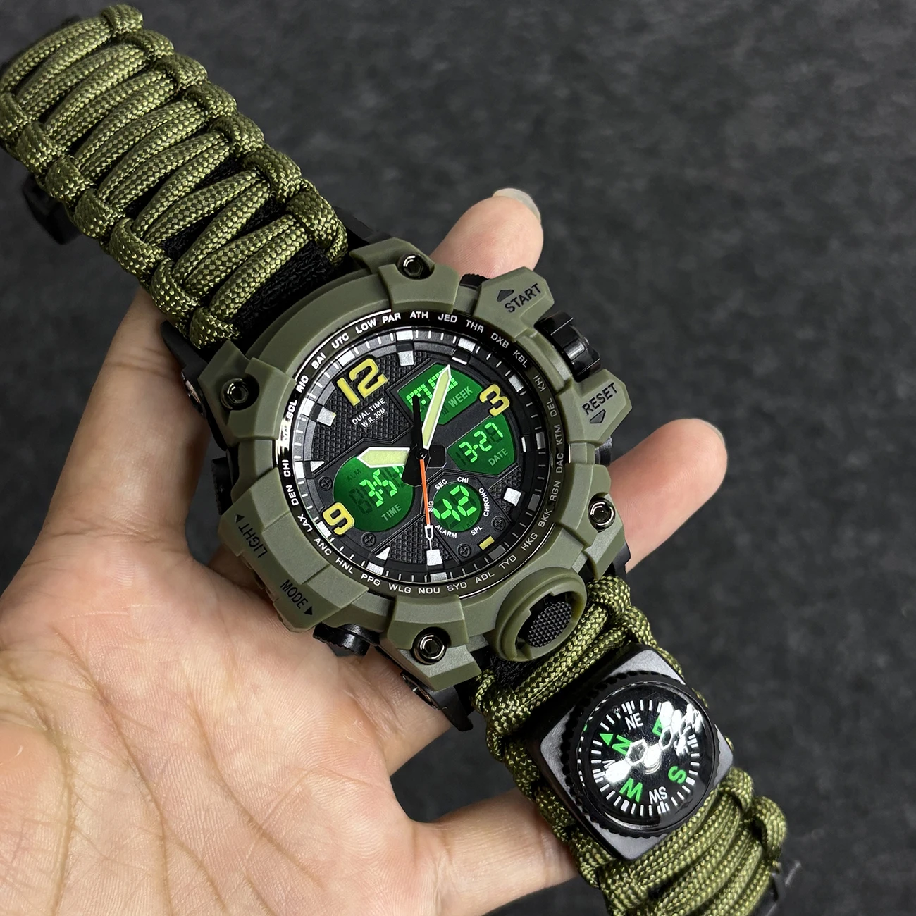 Men's Outdoor Survival Watch Military Green LED Digital Watch Multifunction Waterproof Dual Display Digital Military Watch