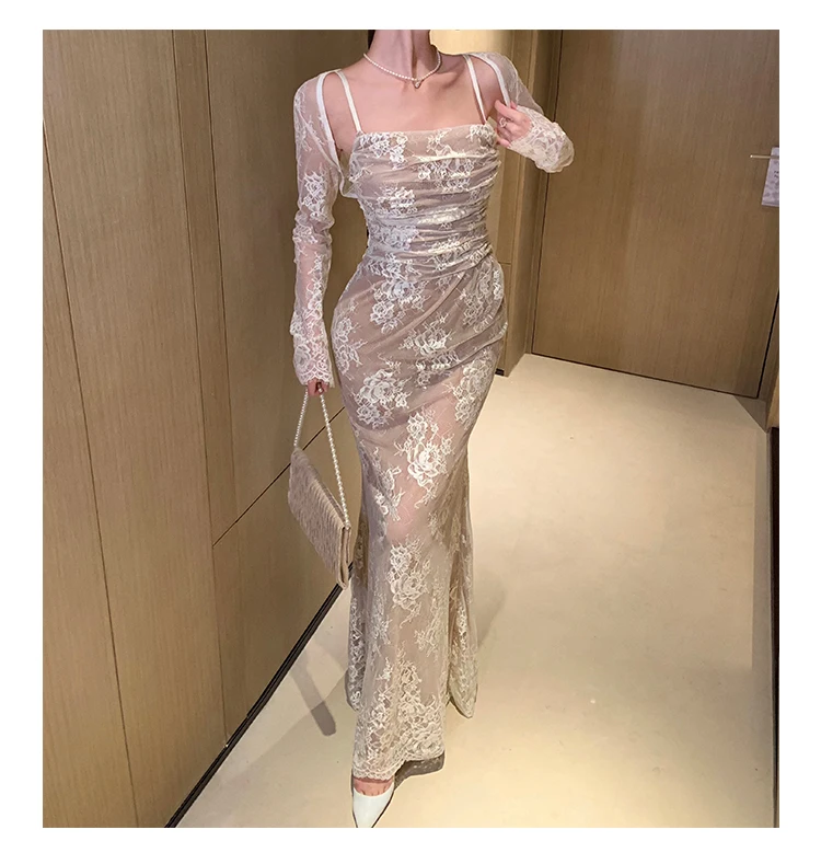 Sexy Bodycon Lace Long Dresses for Women Wedding Party Dress Spaghetti Strap with Smock French Vintage Evening Maxi Vestidos New