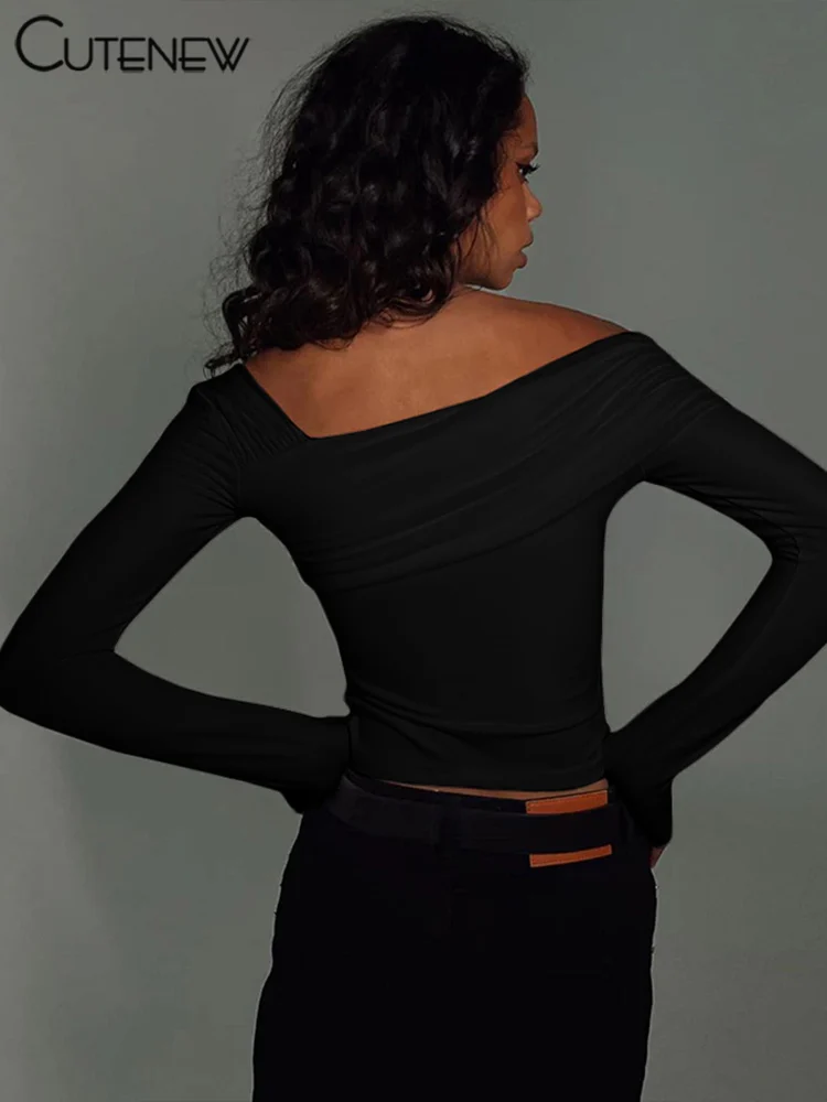 Asymmetrical Slash Neck Wild Women T-shirts Concise Ruched Full Sleeve Skinny Crop Tees Trend Basic Female Street Tops