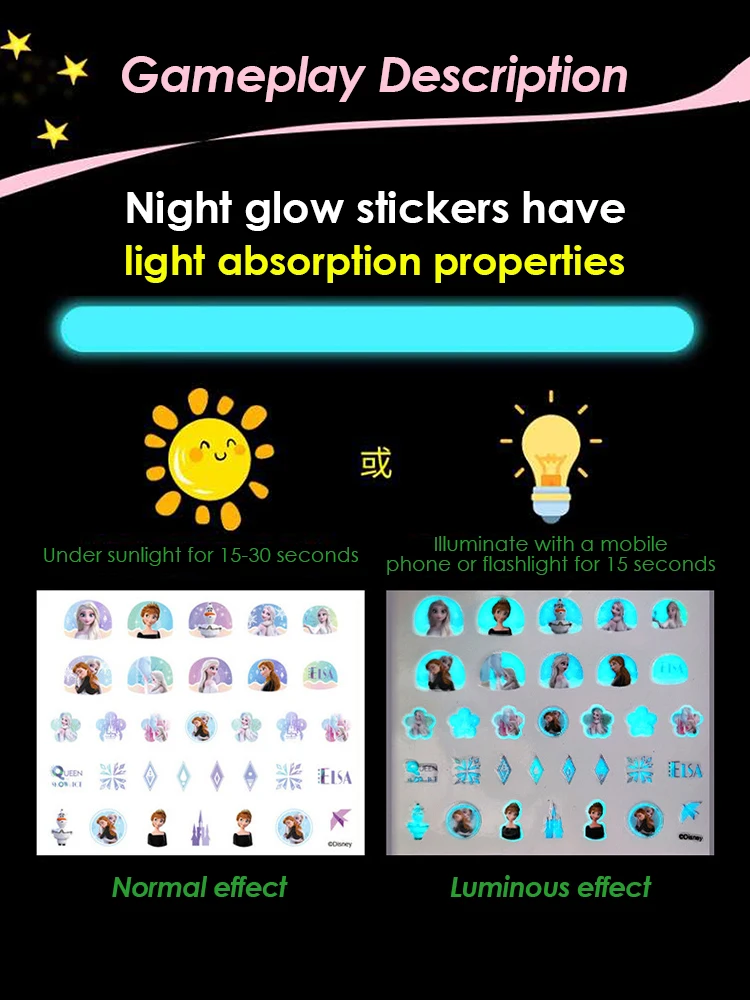 Disney Girls and Children's Nightglow Nail Stickers Ice and Snow Romance Princess Elsa Nail Stickers Cartoon Sticker Toys 2