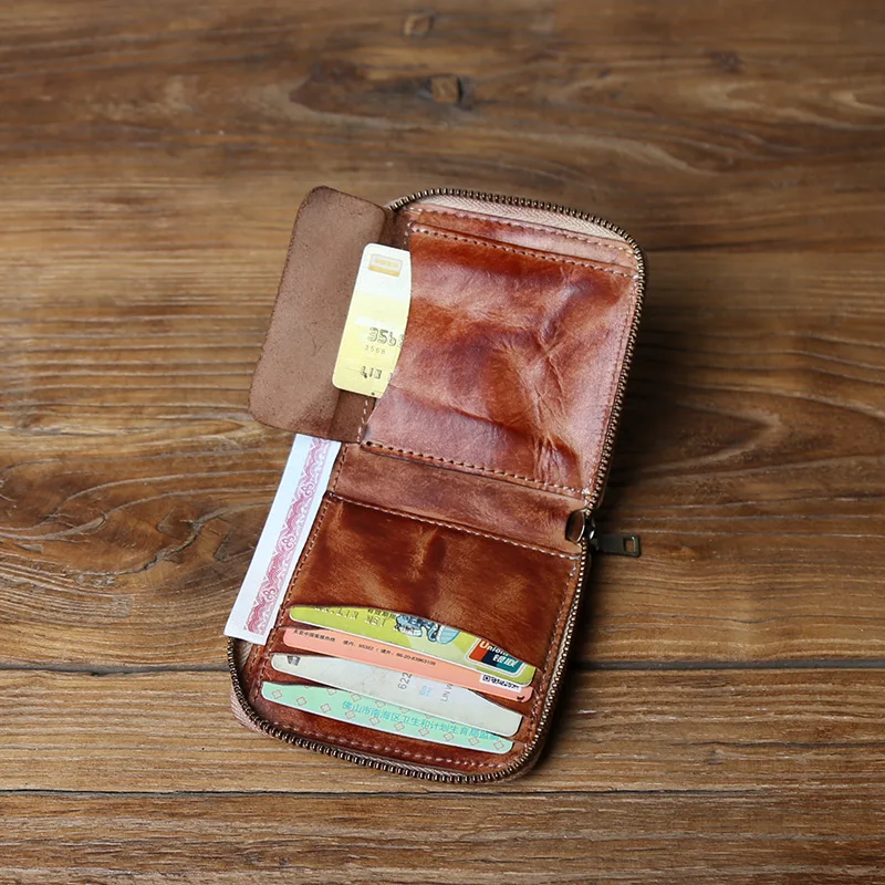 NZPJ Retro Men's Top Layer Cowhide Wallet Multi-Function  Tanned Genuine Leather Card Ladies Handmade Zipper Coin Purse