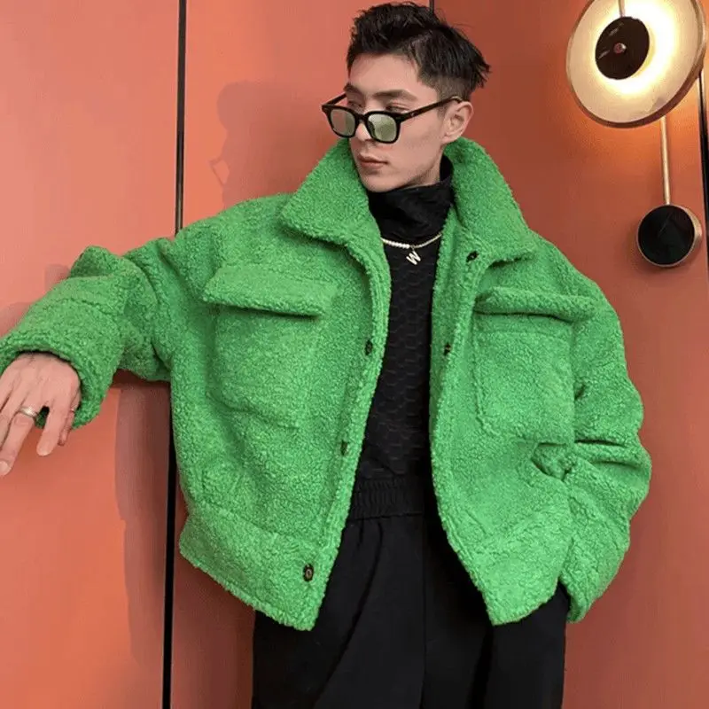 Handsome Green Padded Jacket for Men Lamb Wool Thickened Winter Short Lapel Coat 2022 New Fashion Unisex High Street Bigh Top