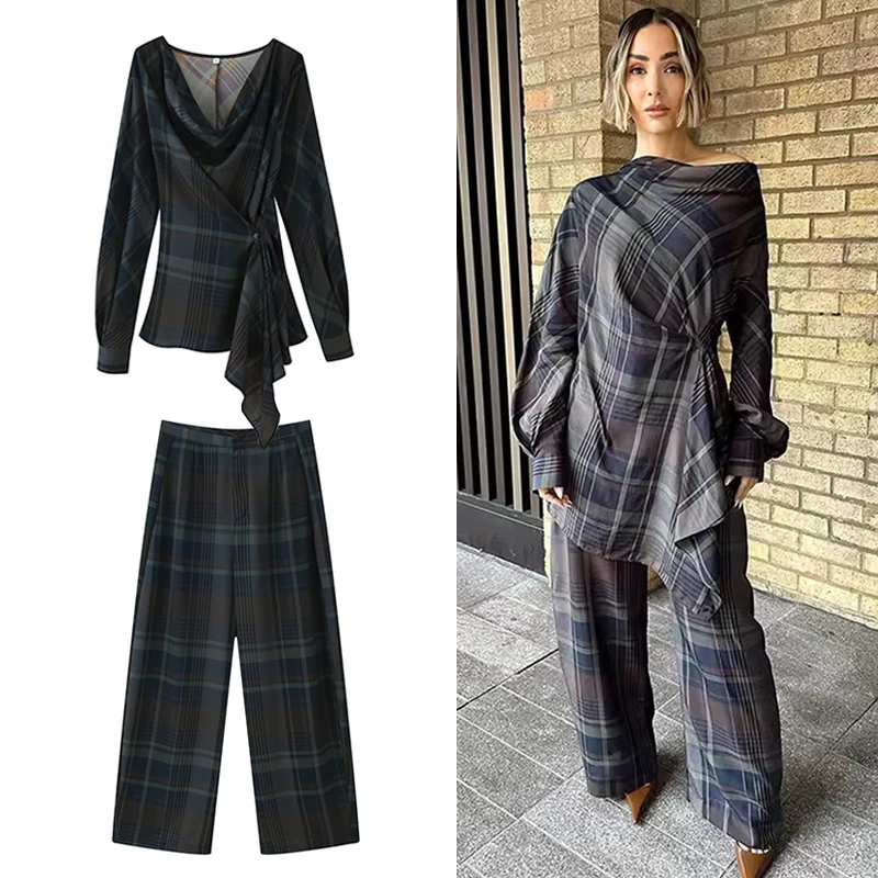 Casual Plaid Pants Women Set Fashion Droop Pleated Top Straight Trousers 2 Piece Sets For Women 2026 Winter Spring Woman Outfit
