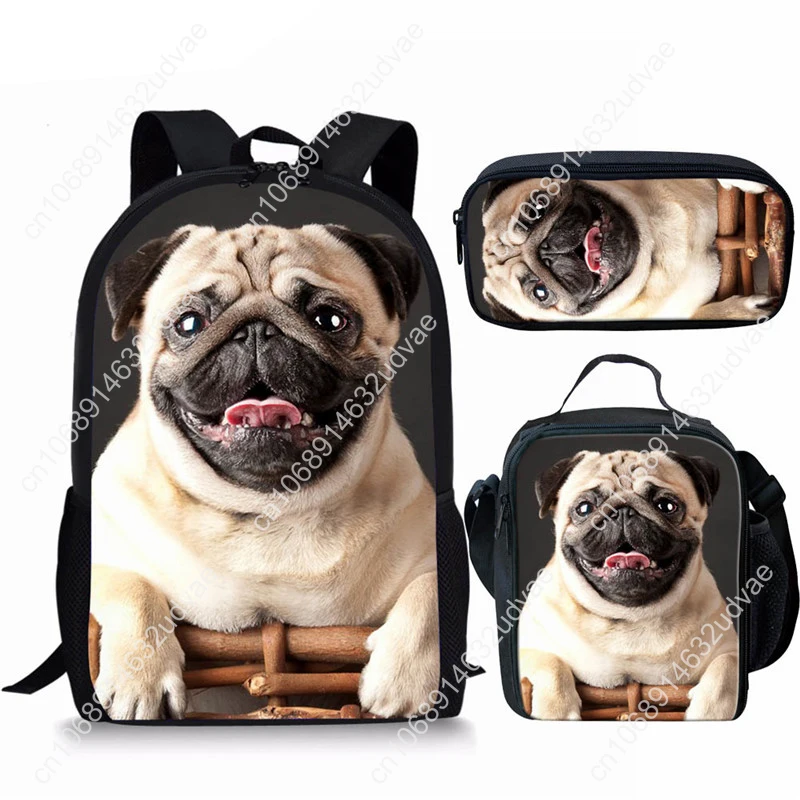 Girls School Backpack Puppy Pug Print 3 Piece Backpack Lunch Bag Pencil Case Kids School Bag Shoulder Bag Women's Mochilas