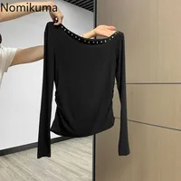 T-shirt noir pour femmes, vêtements à épaules dénudées, tunique à rivets, col Slash, Y2k, hauts coréens, Chic et Sexy, 2025 5