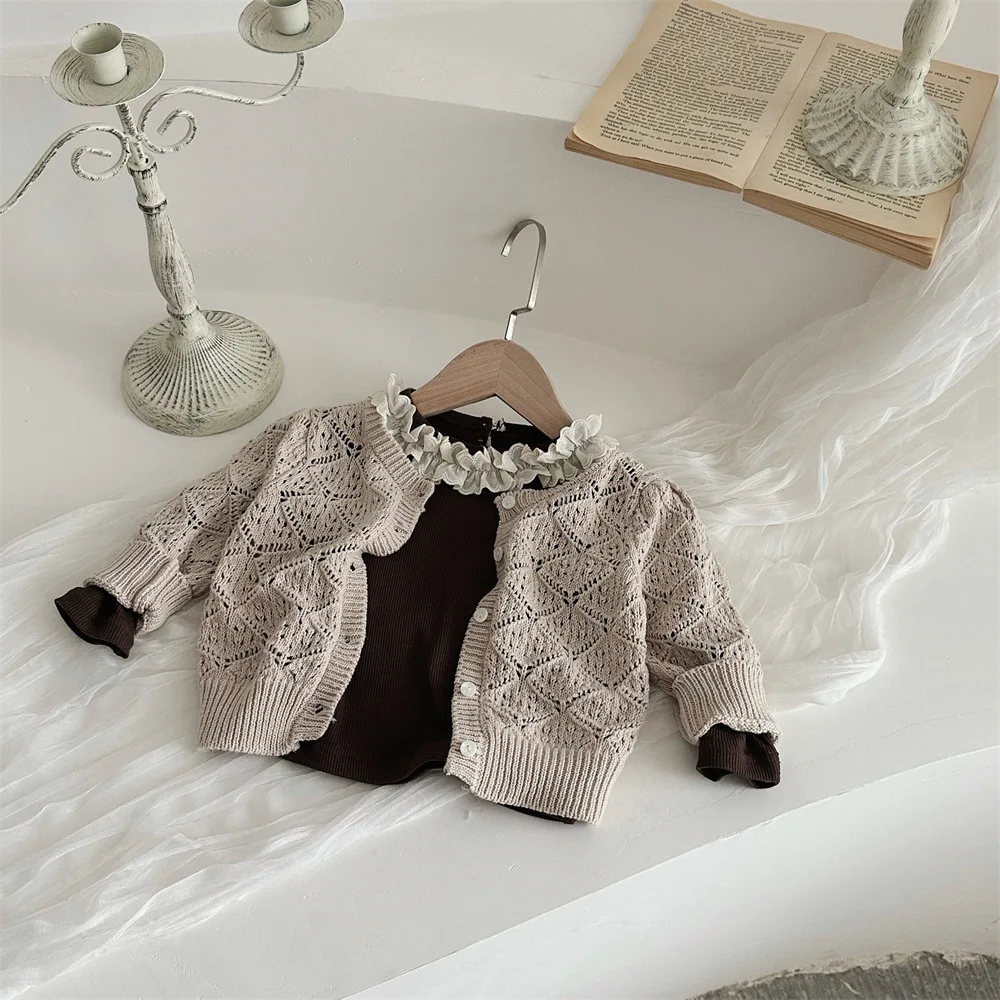 Ins Baby Sweater Coat 2025 Spring And Autumn Baby Hollow Knitted Sweater Cardigan Girl Baby Long Sleeve Coat