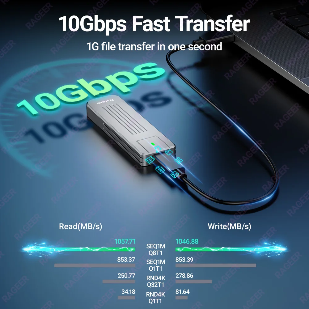 RAGEER M.2 NVMe SSD Enclosure, USB Type C Gen2 10Gbps PCIe SSD Aluminum External Case for NVME PCIE 2280 2260 2242 2230