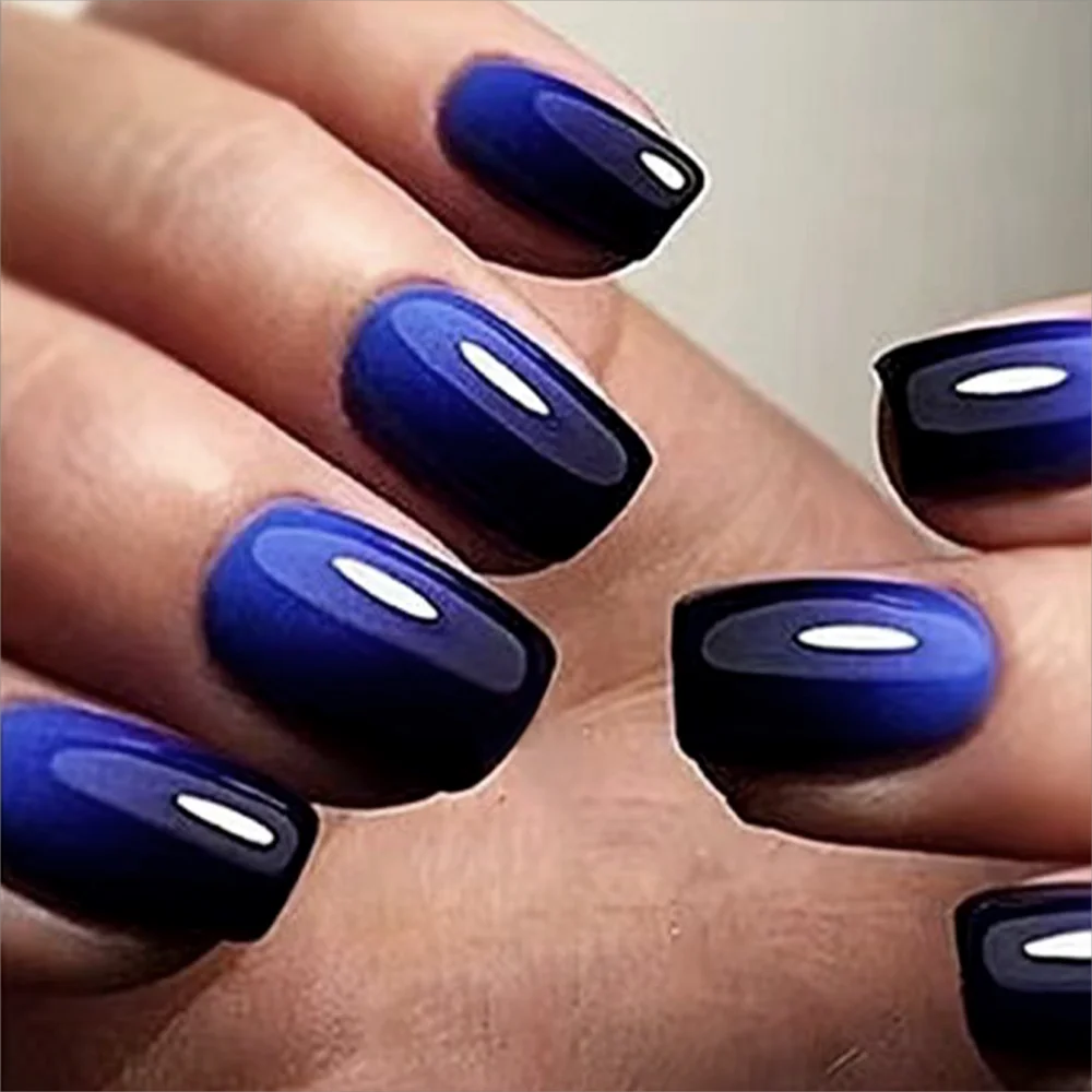 French Blue Black Gradient Fake Nails Set Image 1
