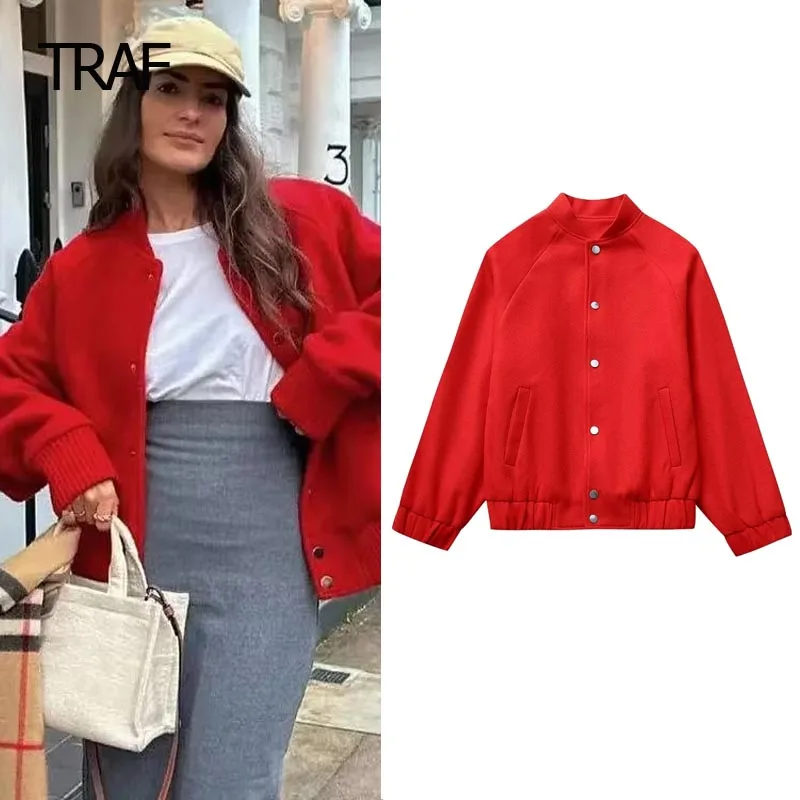 

TRAF Tweed Baseball Jackets Women's Jacket Winter Spring 2024 O-Neck Long Sleeves Top New In Outerwears Chic And Elegant Jacket