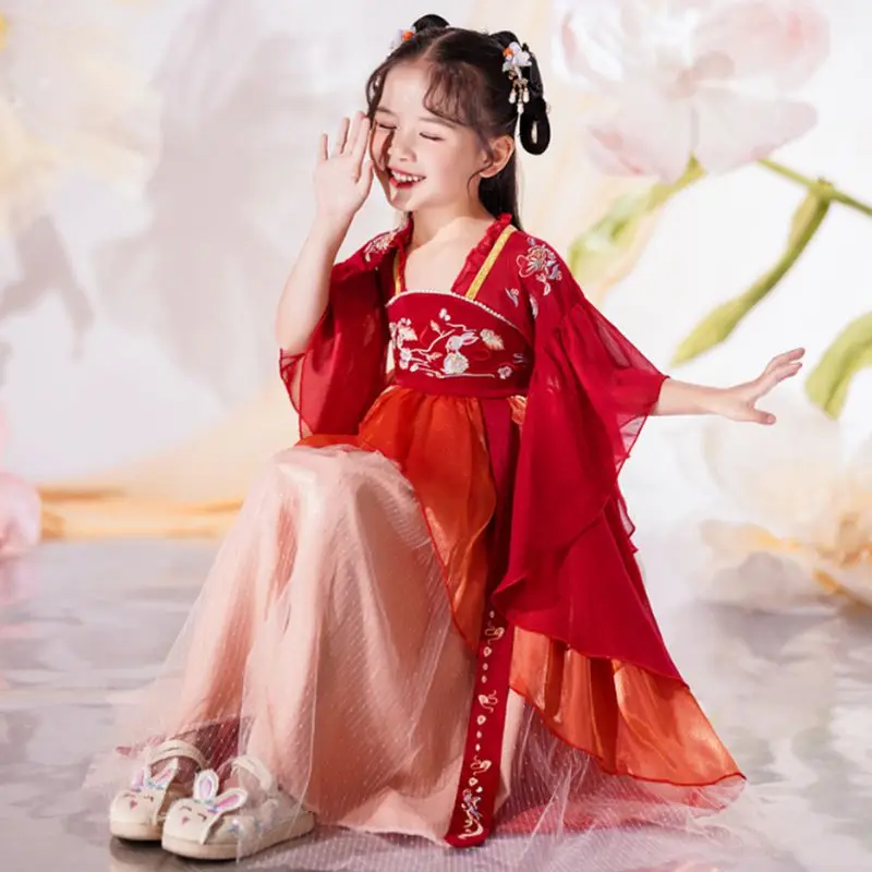 Girls Children Costume Princess Traditional Chinese Style Spring Summer Kids Red Hanfu Dress for New Year