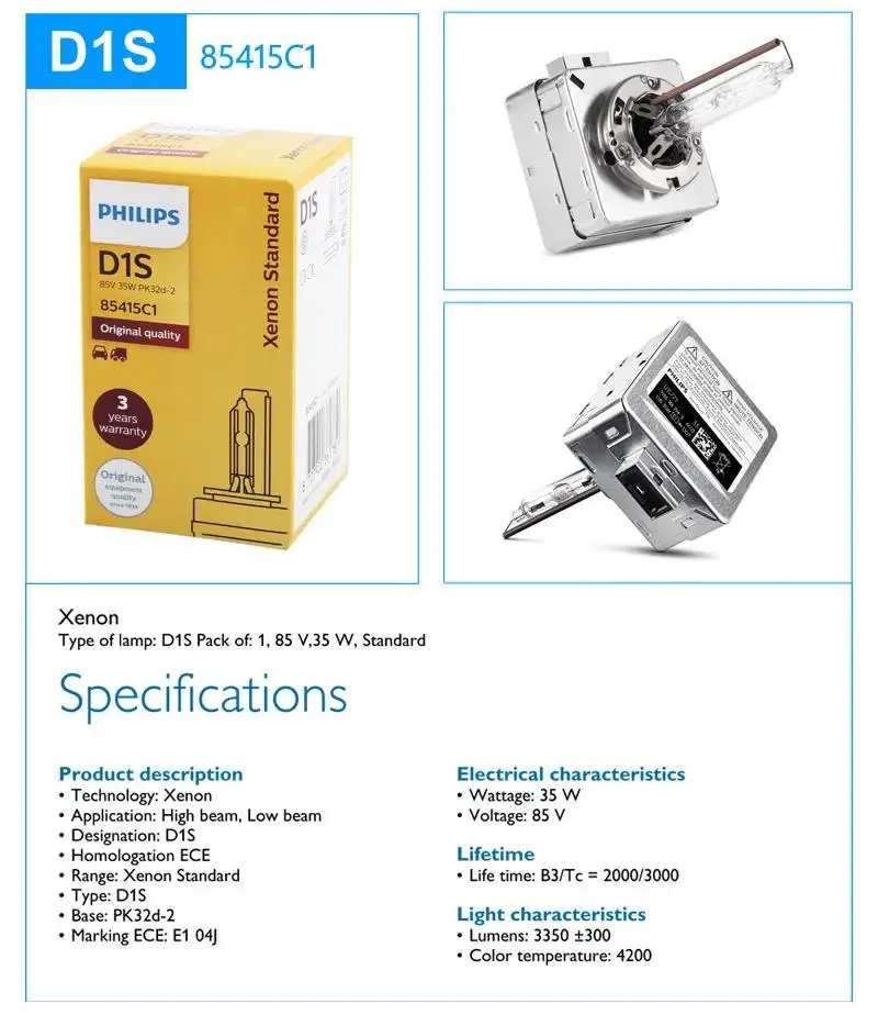 Philips D1S Xenon HID Standard Car Original Head Light 35W 4200K White Genuine Bulb Replacement Upgrade Lamp, 1x 2