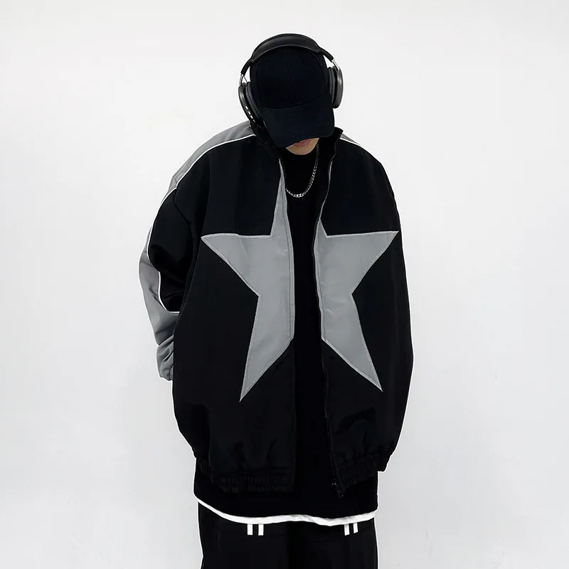 

Spring Bomber Jacket Men Women Vintage Star Pattern Harajuku Y2K Windbreaker Coat Streetwear Zipper Patchwork Outerwear Unisex