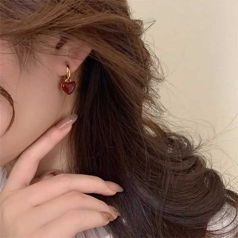 Dangle Earrings Simple Design Wine Red Love Heart for Women Gold Color Circle Vintage Peach Drop Earring Can Be Separated N513