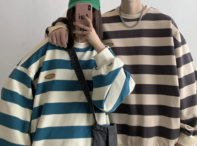 Japanese hit color sweater men long sleeved autumn American retro striped t shirt ins tide brand Harajuku couple jacket traf y2k
