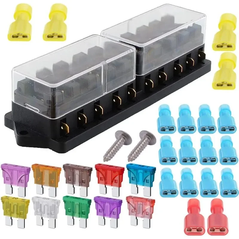 

10Way 32V Universal Car Standard Blade Fuse Holder Box Apply To1~40AMP with 10pcs Free Blade Fuse Fuse Block for Car/Boat/Trike