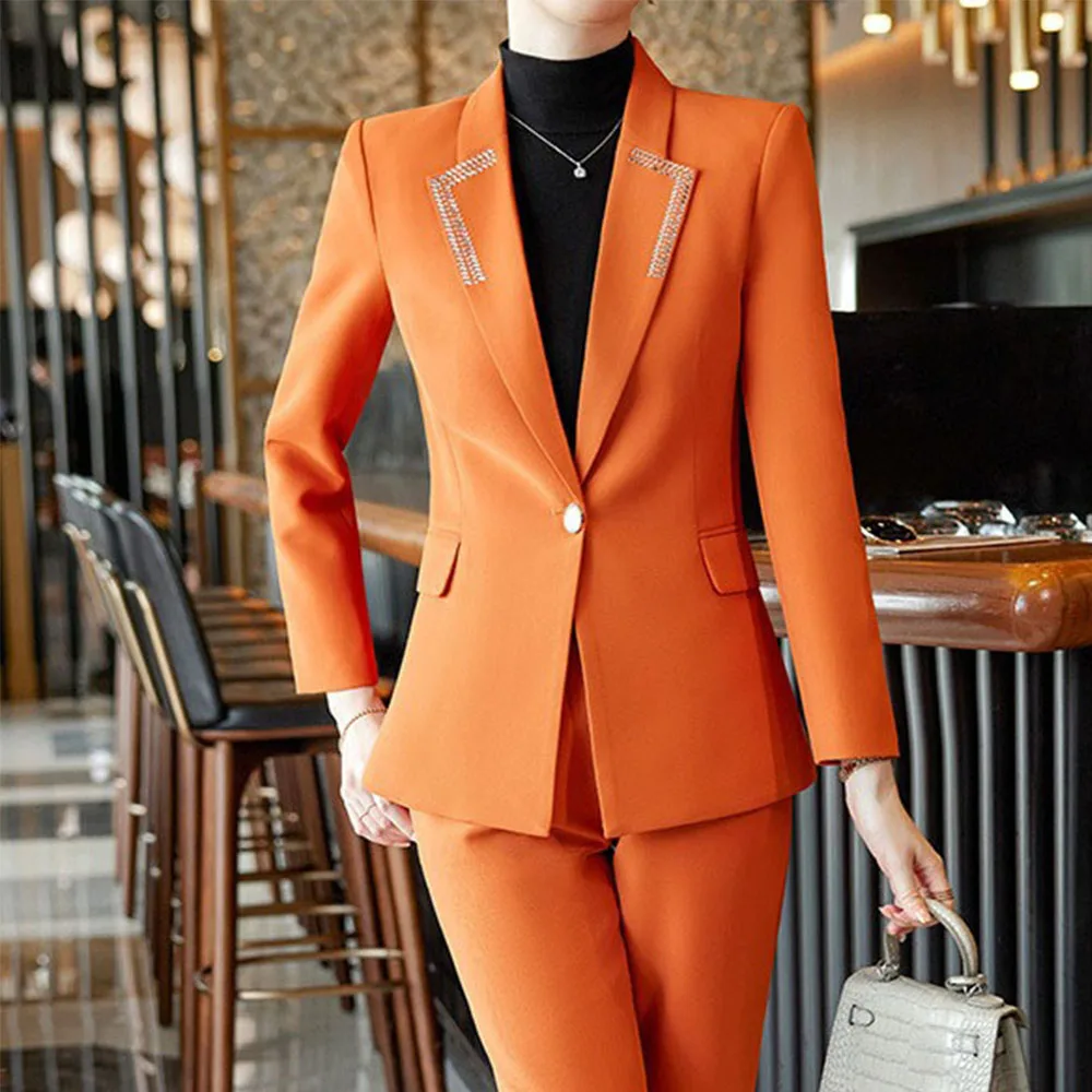 Tesco Senior Women Suit Sets 2 Piece Solid Autumn Full Sleeve Blazer Pencil Pants For Business Female Formal Suit ropa de mujer