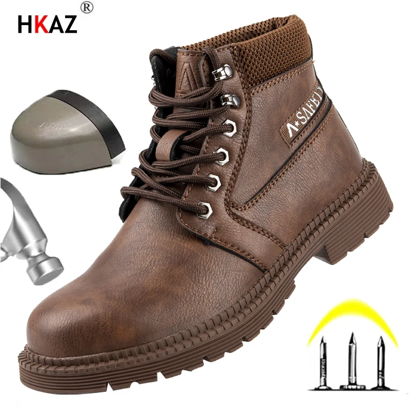 Water Proof Safety Work Shoes For Men Steel Head Leather Boots Male Footwear Indestructible Construction Work Shoes Brown BEST SELLERS