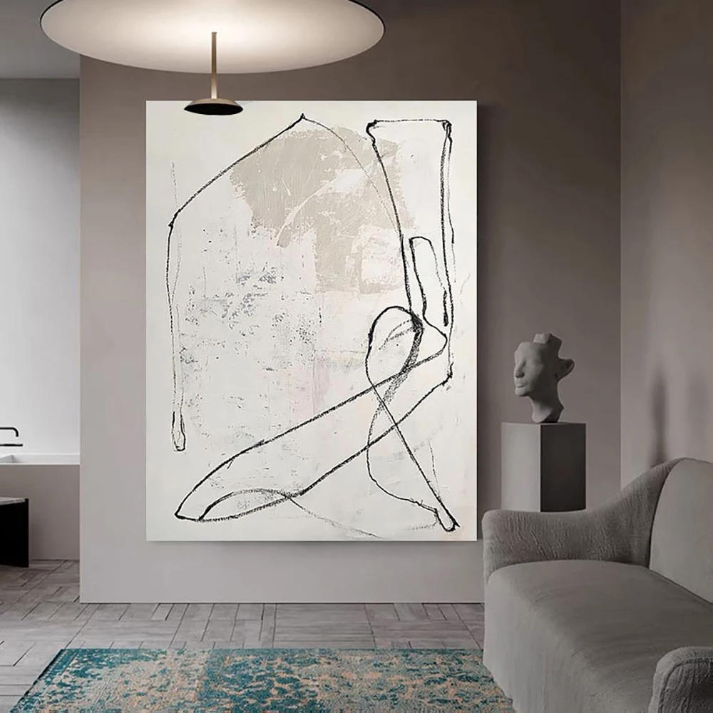 

Abstract Minimalist Wall Art Painting Black Line Beige White Oil Painting Hand Painted Thick Textured Canvas Painting Home Decor