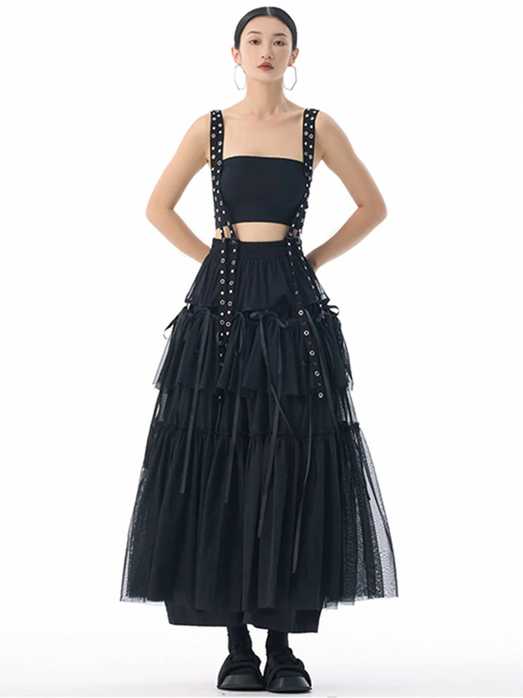 [EAM] High Elastic Waist Coffee Mesh Perspective Ribbon Strap Half-body Skirt Women Fashion Tide New Spring Autumn 2026 1DJ5044