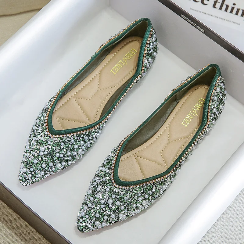 2022 Woman Luxury Shoes Big Size 34-43 Paillette Flats Heels Ballerina Ladies Pointed Toe Loafers Ballets Shoes Dressy Femmes 2