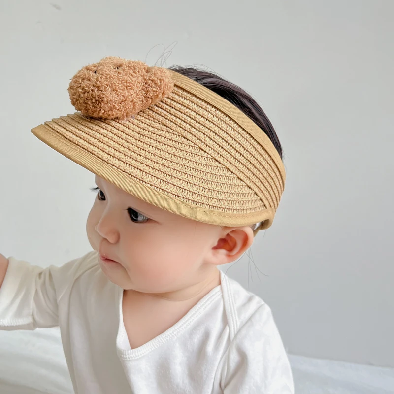 Korean Cute Cartoon Bear Kids Sun Protector Hats Headband Summer Braided Collapsible Outdoor Caps for Baby Boys Girls Children