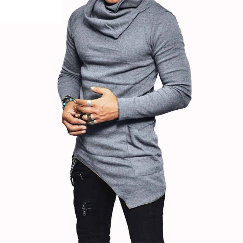 

Plus Size 5XL Men's Hoodies Unbalance Hem Pocket Long Sleeve Sweatshirt For Men Clothing Autumn Turtleneck Sweatshirt Top