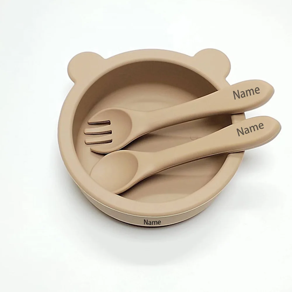 3-Piece Children's Tableware Set with Free Name Printing on Kids' Bowl. Personalized silicone tableware—a unique gift for babies