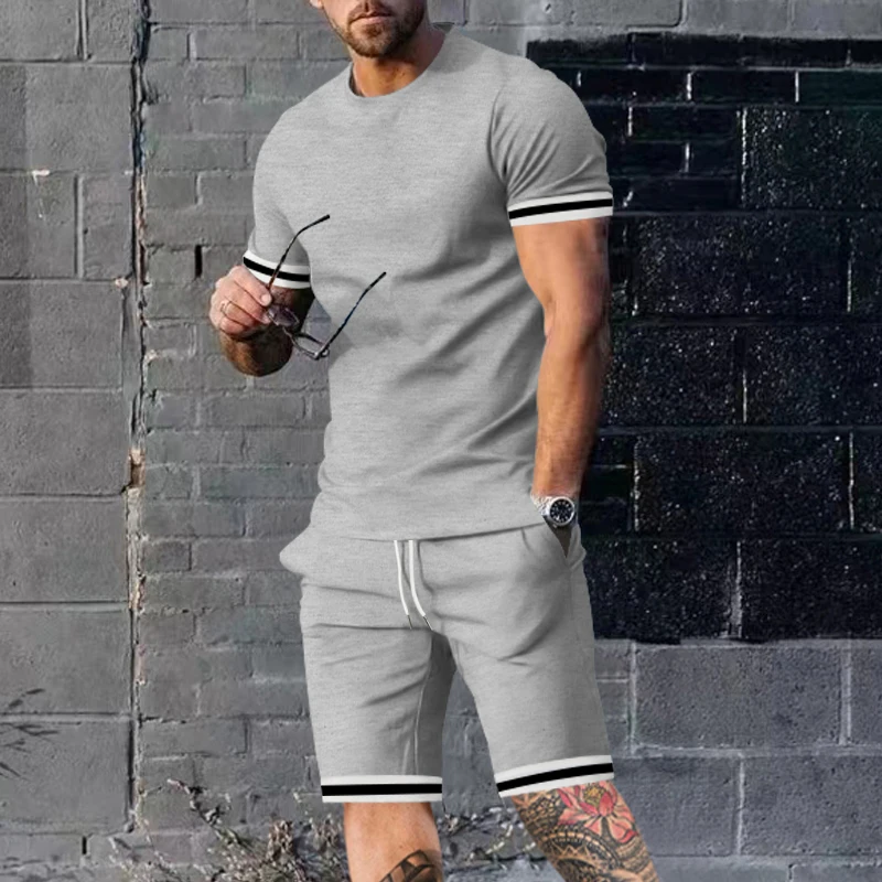 2024 New Men's Sports Suit Summer Pullover Matching Color Striped Short Sleeve Shorts Casual Two-piece Set