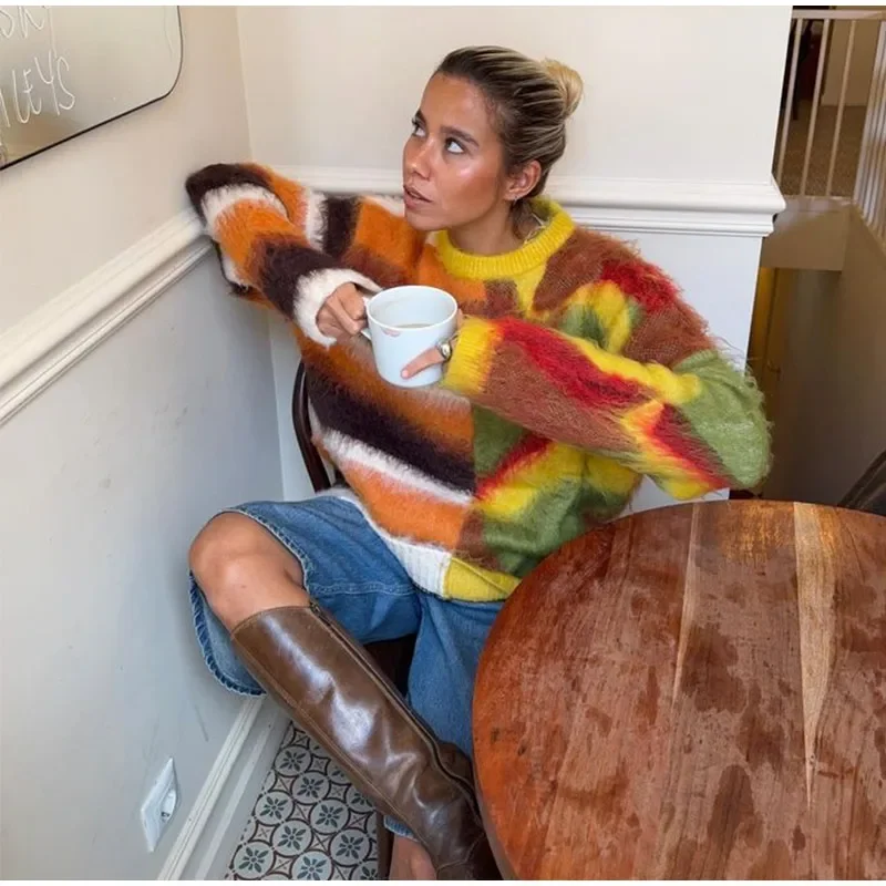 Casual Mohair Knit Women Pullover Colorful O-neck Long Sleeve Loose Sweater New Autumn Fashion Lady All-matching Knitwear