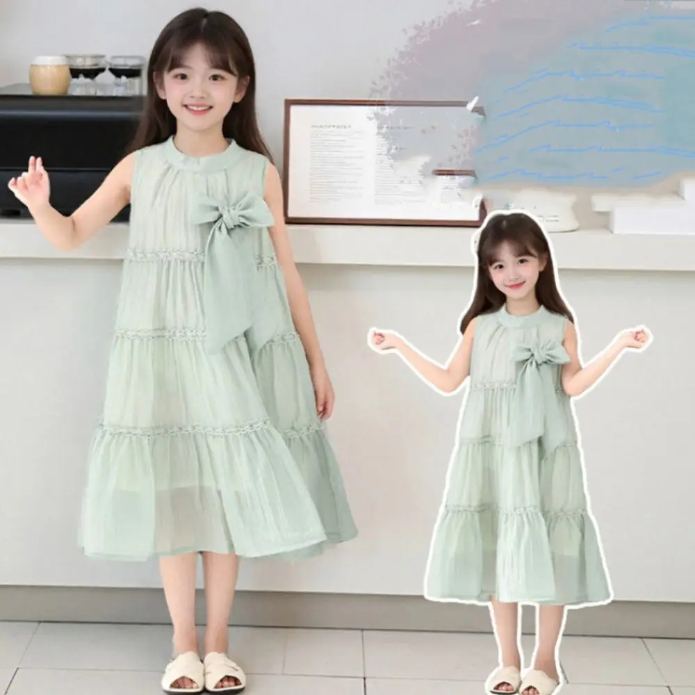 Fashion Ruffle Girls Princess Dress Loose Children Summer Cake Dress Large Bow Sweet Teens Long Dress Students