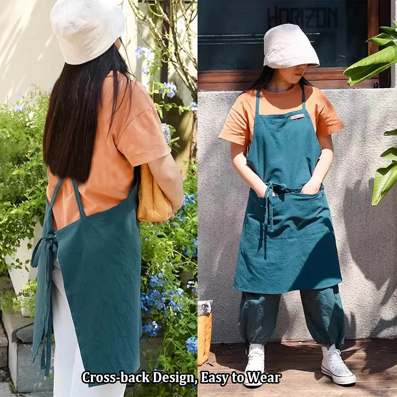 thumbnail image 2 of HANEE Linen Cross Back Apron For Women - Japanese Style No Tie Pinafore With Pockets 2 of 13