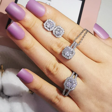 Pack Dubai Silver Color Jewelry Set Engagement Ring Necklace Pendant for Wedding Bridal Jewelry for Women Earring  J1104