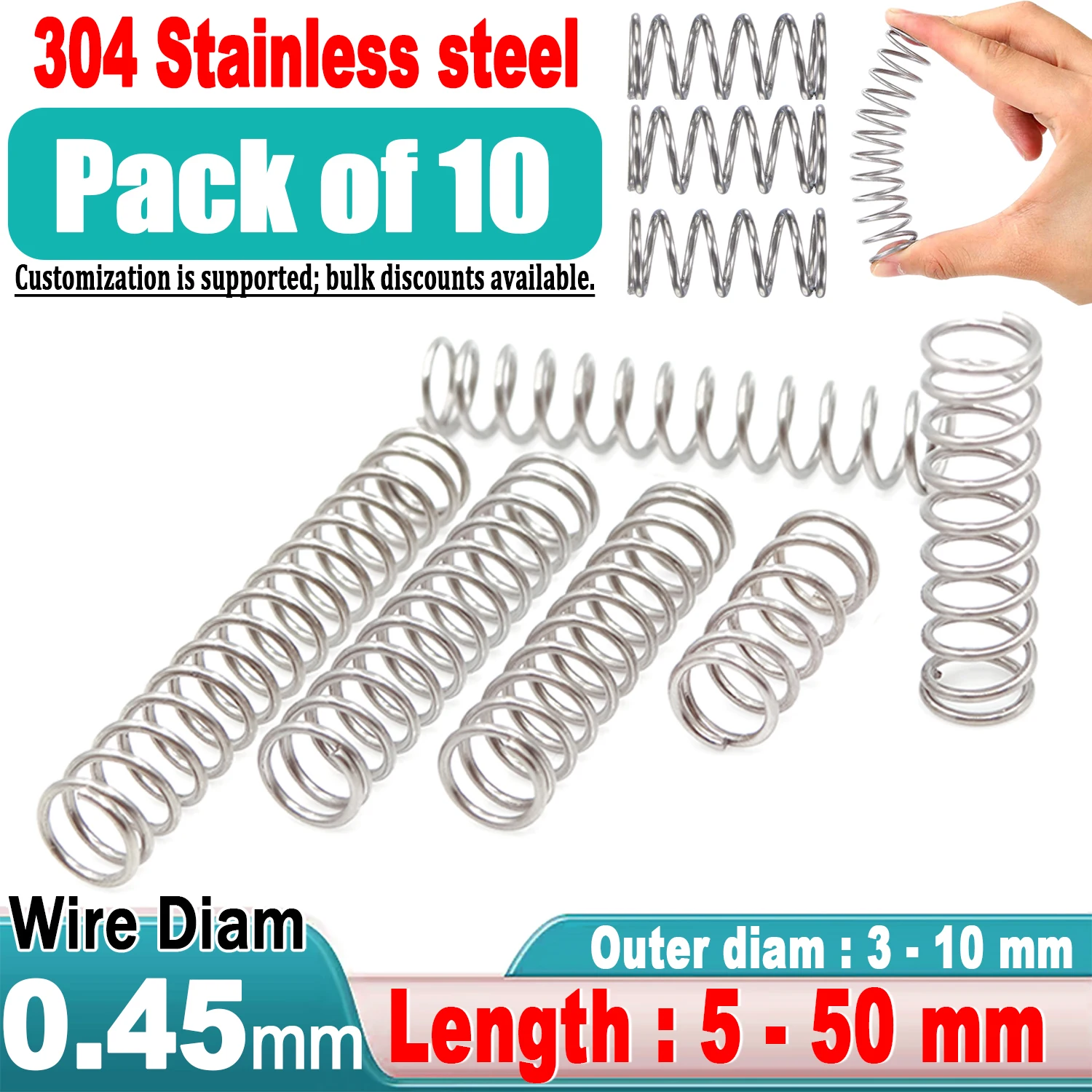 Resorte de compresión de 10 Uds., variantes de alambre de 0,45mm, espiral aplicada, Metal de acero inoxidable OD: 3, 4, 5, 6, 8, 9, 10mm, longitud: 5mm-50mm
