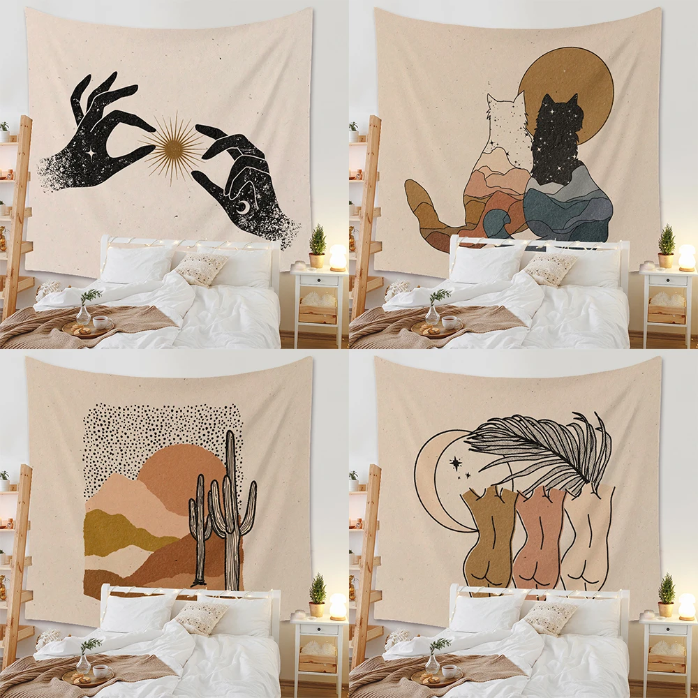 

Vintage Wall Sun And Moon Tapestry Nordic Boho Chic For Home Plant Decor Tree Cat Hanging Cactus Beach Towel Blanket Pareo Yoga