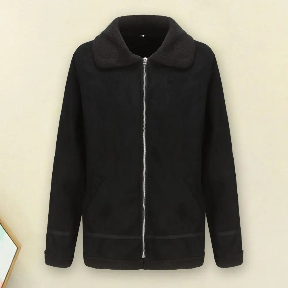

Lapel Collar Jacket Cozy Men's Winter Jackets Plush Lapel Warm Cold Resistant Mid-length Outdoor Coat with Zipper Closure Men