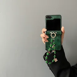 Emerald Green Leather Rope Bracelet Phone Case - Shockproof Chinese Style Cover - Samsung Z Flip 8 (A)
