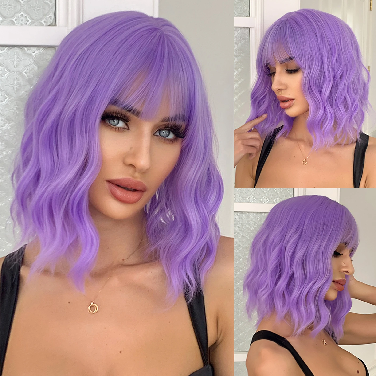 

Light Purple Colorful Synthetic Wigs Short Wavy Curly Cosplay Wig with Bangs for Women Party Halloween Fake Hair Heat Resistant