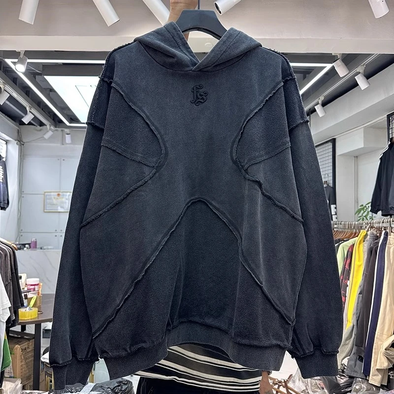 Vintage Washed Embroidered Patchwork Hoodie Men Women Top Quality Heavy Fabric Sweatshirts Oversize Pullovers Hooded