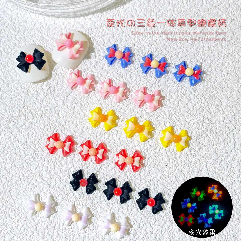 

50pcs Luminous Bow Nail Art Charms Resin Candy Color Long Ribbon Bowknot 3D Rhinestone Glow In The Dark DIY Korean Nail Supplies