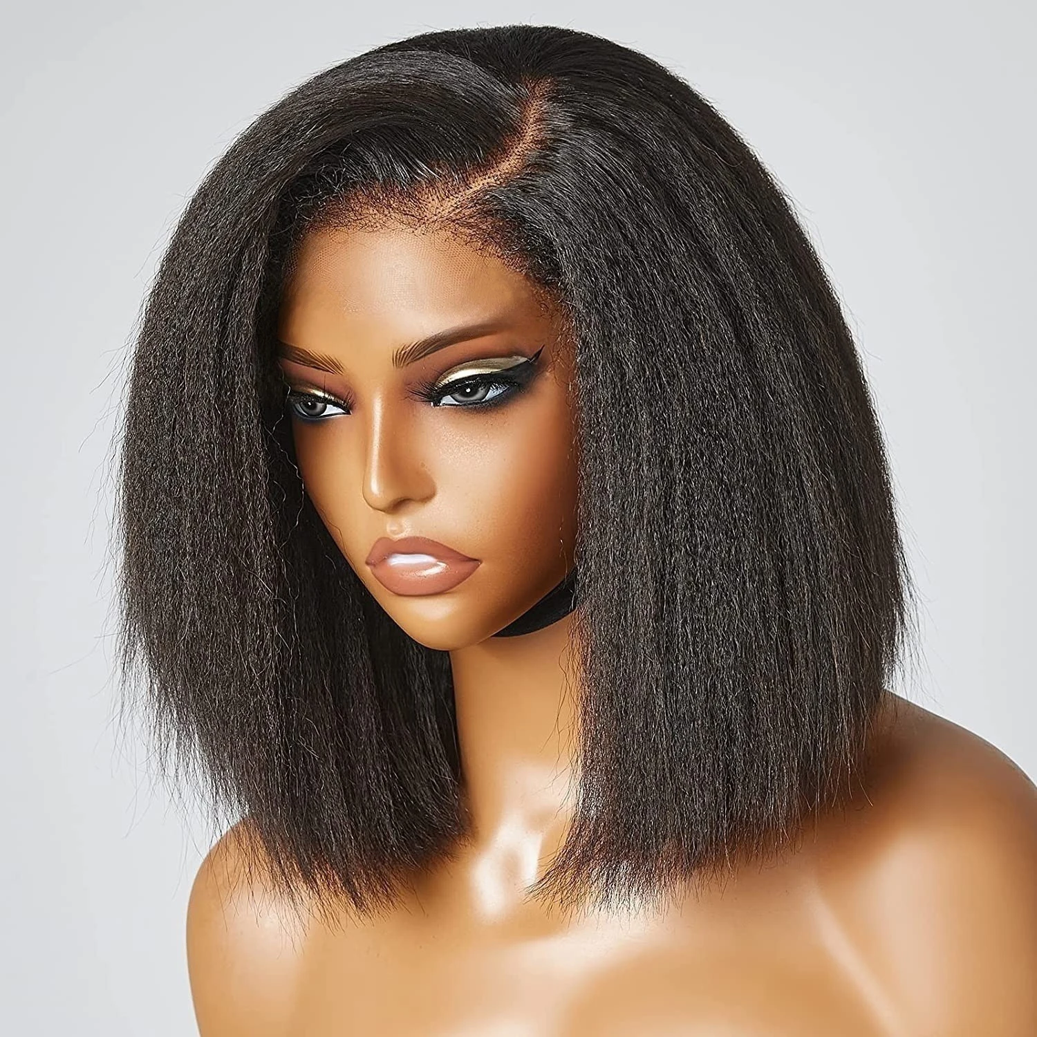 

Preplucked Yaki 16inch Glueless Black Short Blunt Bob Kinky Straight Soft Deep Lace Front Wigs For Black Women Baby Hair Daily