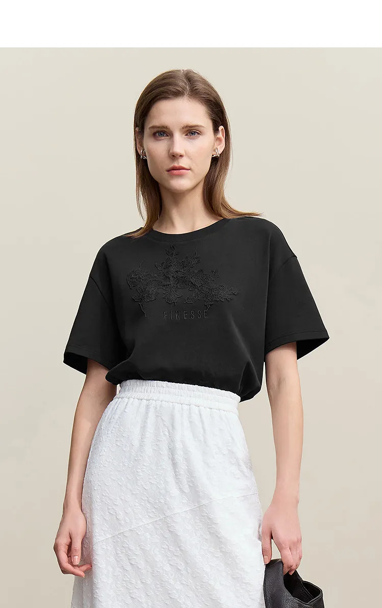 Amii Women's T-Shirt 2026 Summer New Round Neck Drop Shoulder Cotton Tee Lace Embroidered Woman Loose Fit knit Tops 12622048