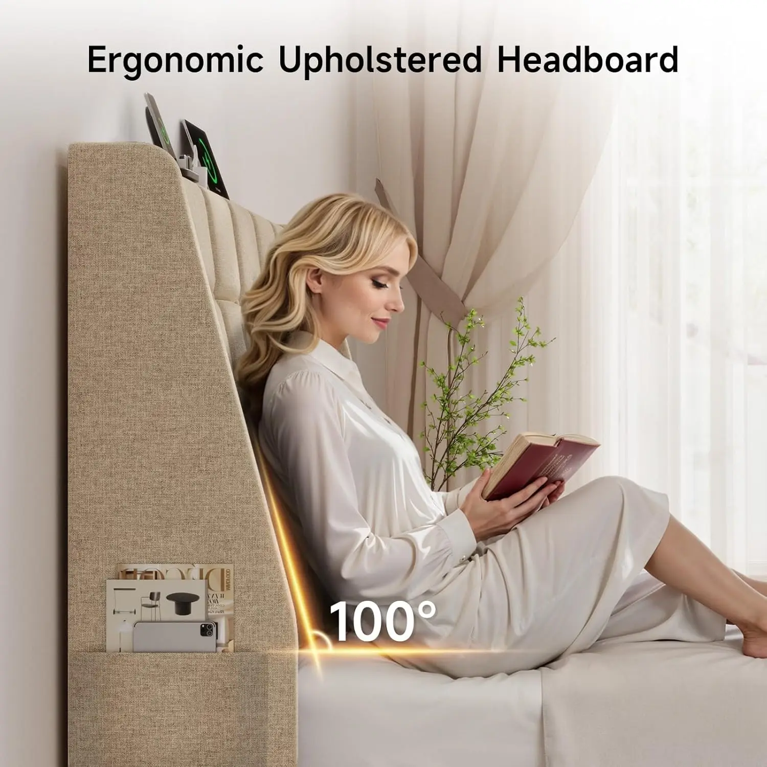 Ergonomic Upholstered Full Size Headboard w/Charging Station, Linen Wingback Headboards w/Storage Pocket, Full Headboard Only