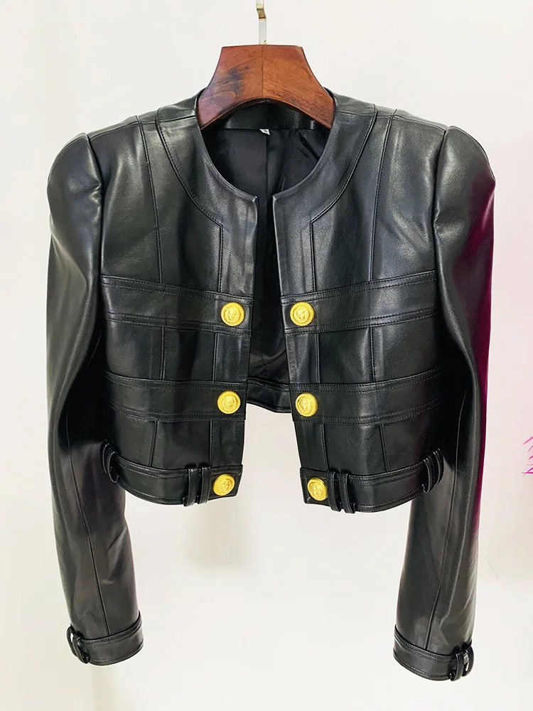 Black Pu Leather Jacket Skirt 2023 New Designer Round Neck