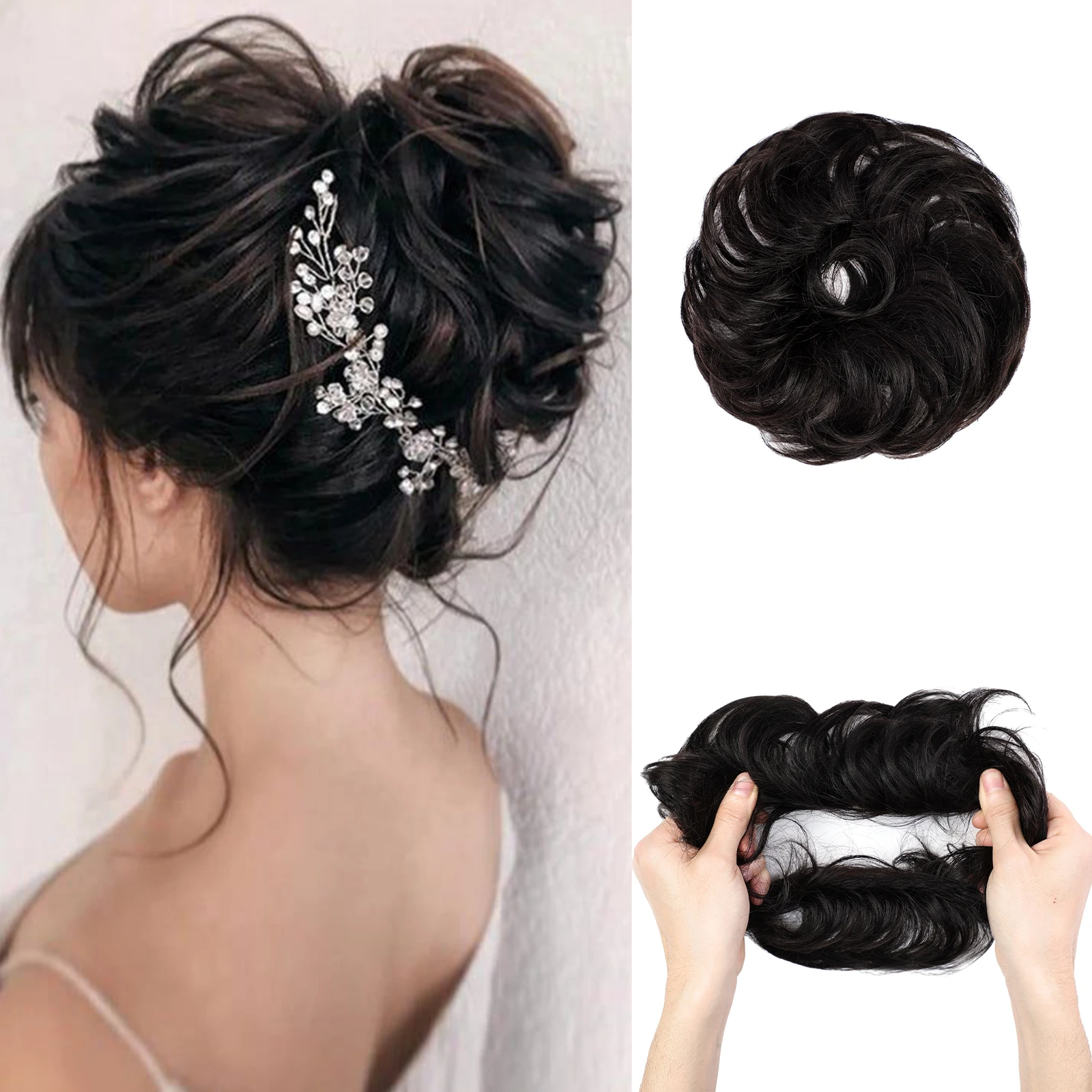 Black Human Hair Messy Hair Bun Curly Chignon Extensions With Rubber Band 100% Human Messy Bun Piece for Women