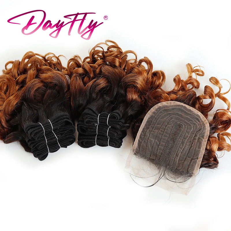 Brazilian Hair Weaving Bundles 4x1 T Part Closure 6 Extensions with Closure Bouncy Curly Human Hair Bundles