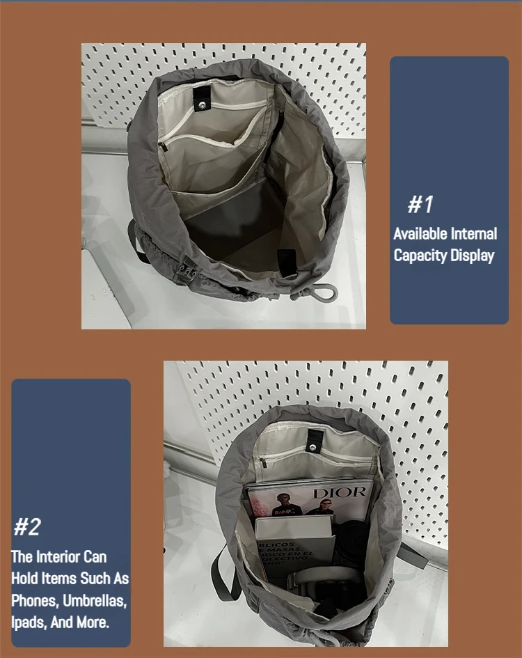 Modischer, lässiger Rucksack mit Kordelzug für Damen, 2022, modischer, leichter, plissierter Rucksack mit großer Kapazität für Outdoor-Reisen – Detail 8