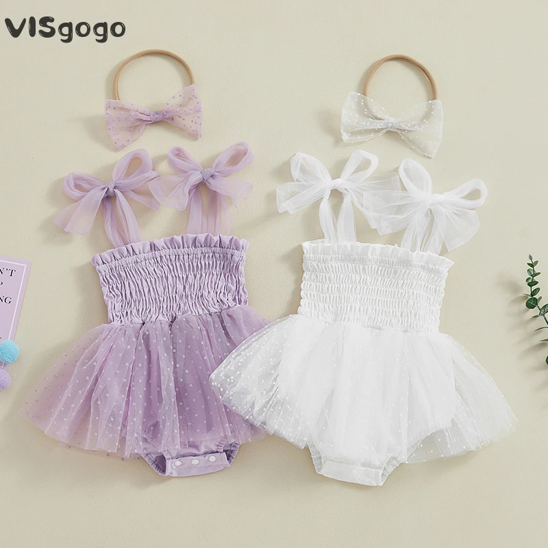 

VISgogo Baby Girl Romper 2Pcs Summer Outfits Sleeveless Tie Strap Smocked Romper Dress with Headband Infant Cute Clothes