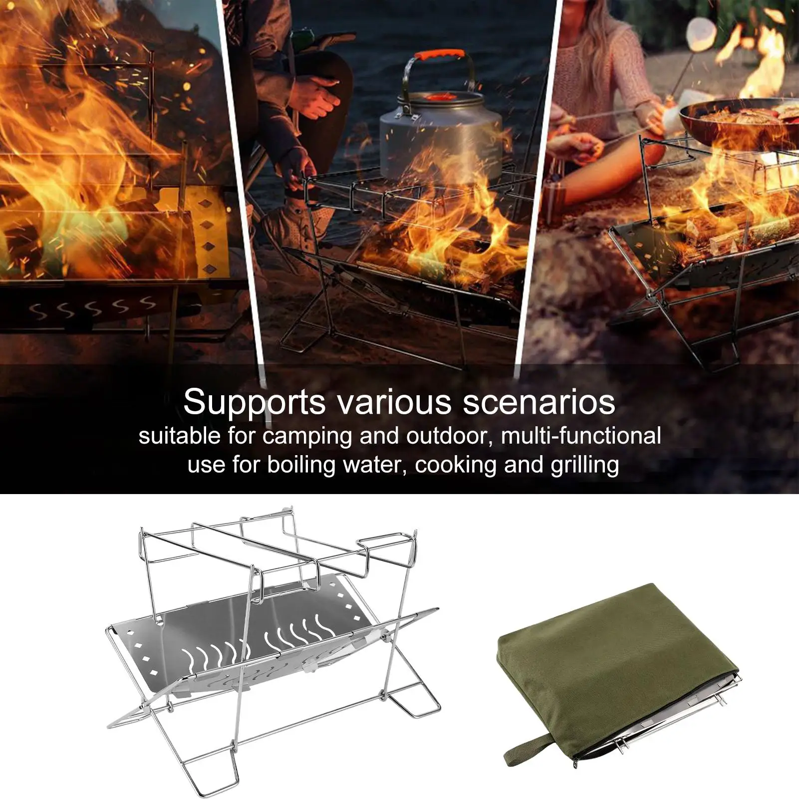 Folding Camping Campfire Grill Stainless Steel Firewood Stove Mini BBQ Rack Outdoor Fire Pit Portable Wood Stove Burner