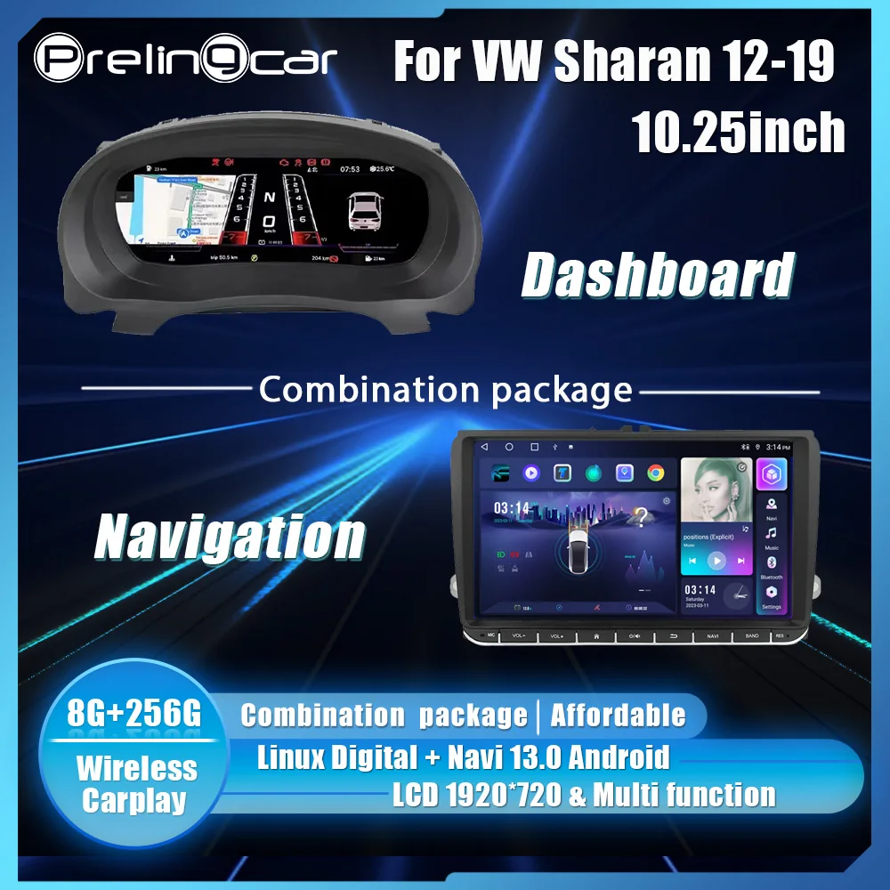 Prelingcar 10,25 Zoll LCD Digital Cluster Dashboard für VW Sharan 2012–19 Android Player Karten Navigation Radio Panel Cockpit – Detail 3